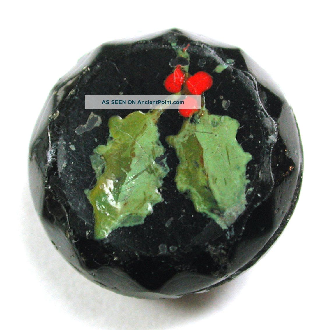 Antique Black Glass Button W/ Hand Painted Holly Leaves & Berries - 5/8 