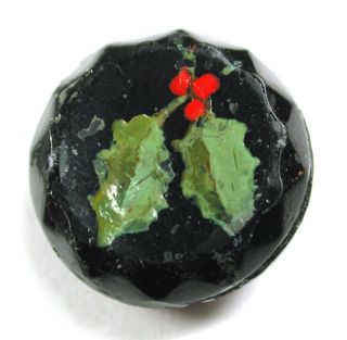 Antique Black Glass Button W/ Hand Painted Holly Leaves & Berries - 5/8 