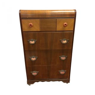 Art Deco Dresser Chest Of Drawers Vintage Brown Wood Inlay Inlaid 40s Waterfall photo
