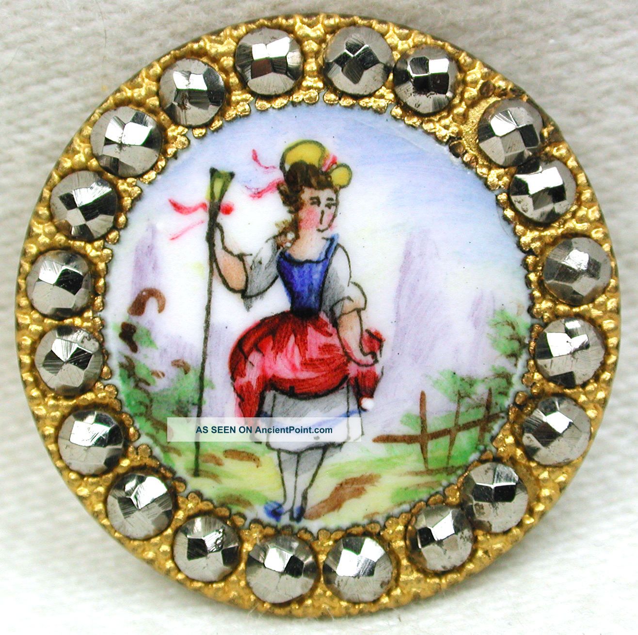 Antique Enamel Button W Cut Steel Rim Woman Holds Staff 15/16 Inch Buttons photo