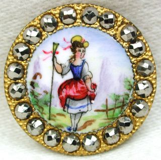 Antique Enamel Button W Cut Steel Rim Woman Holds Staff 15/16 Inch photo