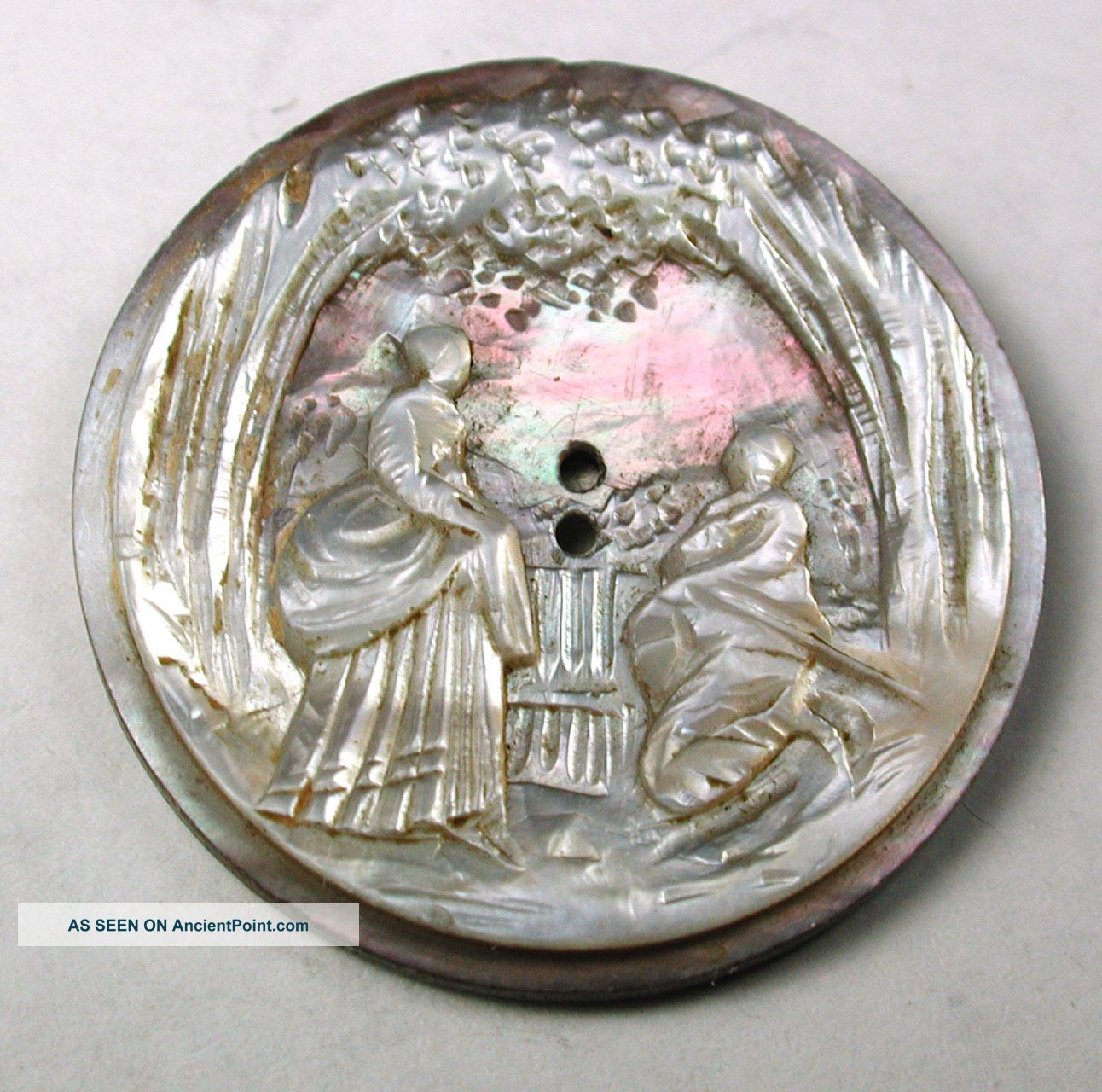 Antique Iridescent Carved Shell Button Man Giving Flowers To Woman Sunset Buttons photo