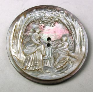 Antique Iridescent Carved Shell Button Man Giving Flowers To Woman Sunset photo