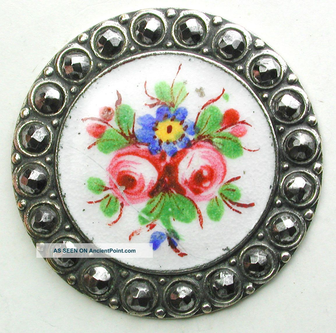 Antique Hand Painted Enamel Button W Rim Of Cut Steels Roses & Violet Design Buttons photo
