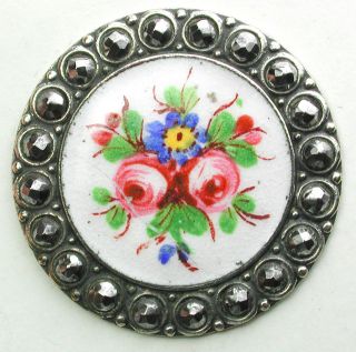 Antique Hand Painted Enamel Button W Rim Of Cut Steels Roses & Violet Design photo