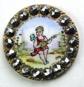 Antique Hand Painted Enamel Button Cherub Or Fairy Playing Lute Rim Cut Steel photo