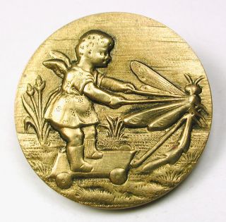 Antique Brass Paris Tight Button Child Fairy Is Pulled By A Dragonfly 1 & 1/16 