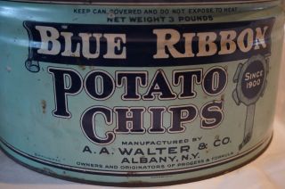 Extra Large Blue Ribbon Potato Chips Tin Canister Light Blue Aa Walters & Co photo