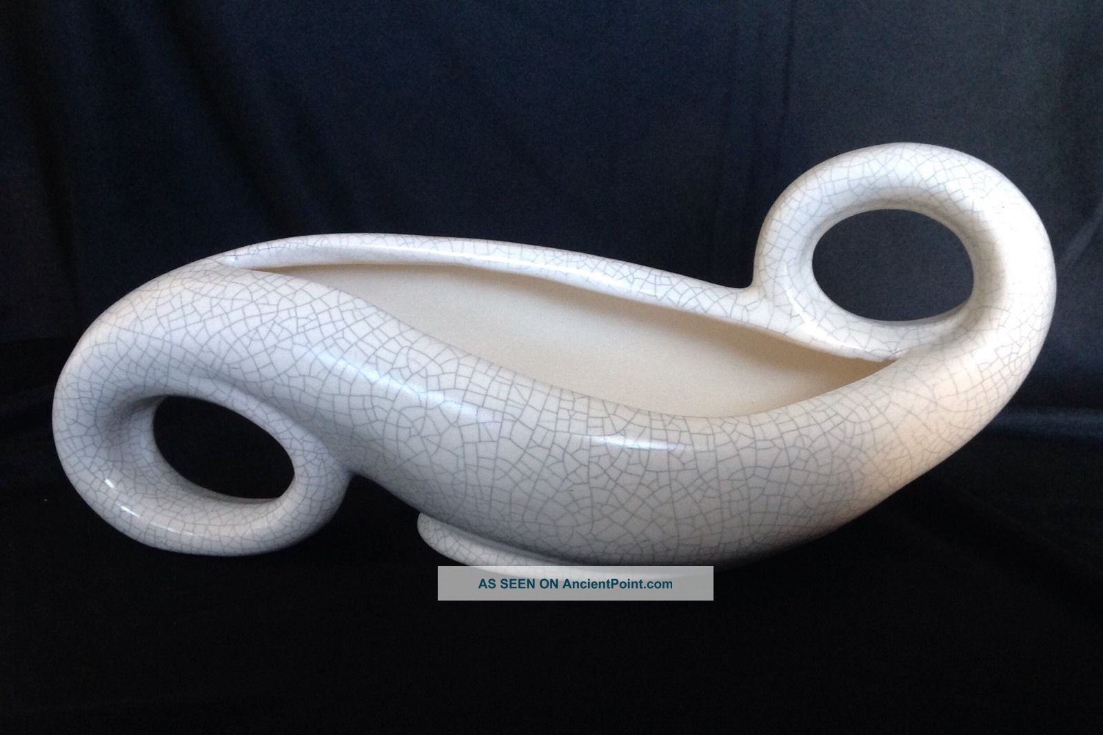 Mid - Century Horizontal Scroll Planter Vase Matte White W/gray Crackle Ceramic Mid-Century Modernism photo