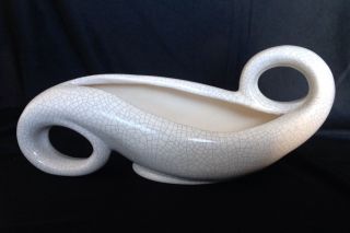 Mid - Century Horizontal Scroll Planter Vase Matte White W/gray Crackle Ceramic photo