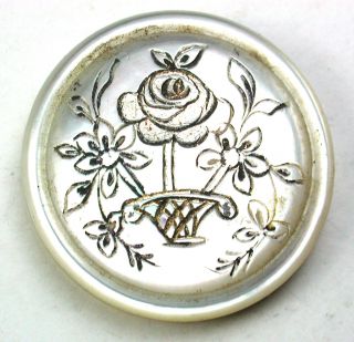 Antique Mother Of Pearl Button W Etched & Inked Rose In Pot Design 3/4 Inch photo