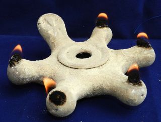Biblical Oil Lamp Jerusalem Holy Land Ancient Antique Pottery Clay Cross 5 Wicks photo