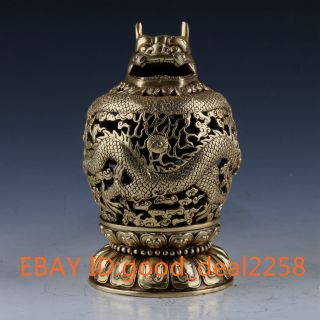 China Brass Handwork Carved Dragon Hollow Statue Incense Burner W Xuande Mark photo