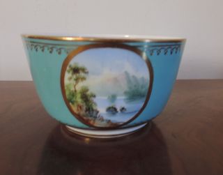 Antique English Porcelain Bowl Landscape Turquoise Ground Minton 19th Century photo