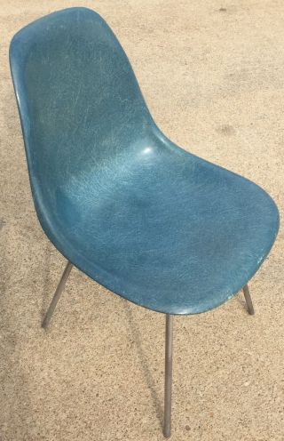 Vintage Mcm Herman Miller Eames Blue Fiberglass Shell Side Chair H Base photo