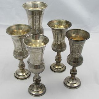 Group Of 5 Antique Vintage Solid Silver Kiddush Cups Goblets photo