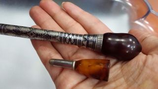 Ottoman Baltic Amber&cherry Amber Mouthpiece Niello Cigarette Holder photo