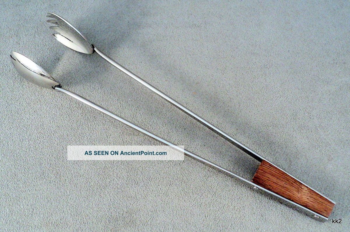 Vtg Mid - Century Modern Ice Tongs Dreizack Rostfrei Germany Stainless & Teak Wood Mid-Century Modernism photo