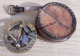 Handmade Copper & Brass Pocket Sundial Compass With Leather Box. photo