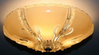 Antique Beige Glass Shade Light Semi Flush Fixture Ceiling Chandelier 1940s photo