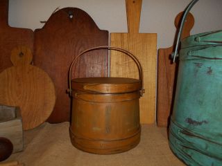 Primitive Firkin Wooden Bucket 3 Finger Band Antique Mustard Farmhouse photo