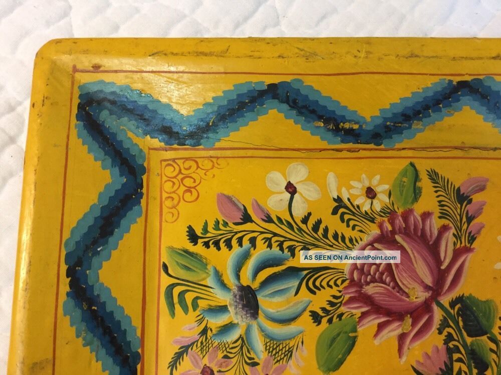 Magnificent Antique Hand Painted Toleware Wood Tray Flowers On Bright Yellow Primitives photo