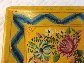 Magnificent Antique Hand Painted Toleware Wood Tray Flowers On Bright Yellow photo