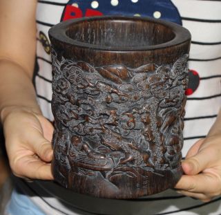 1200g Ancient Chinese Old Wood Handwork Carvd Brush Pot photo
