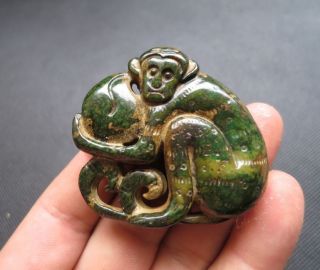 Old Chinese Green Jade Hand - Carved Monkey Statue Pendant B326 photo