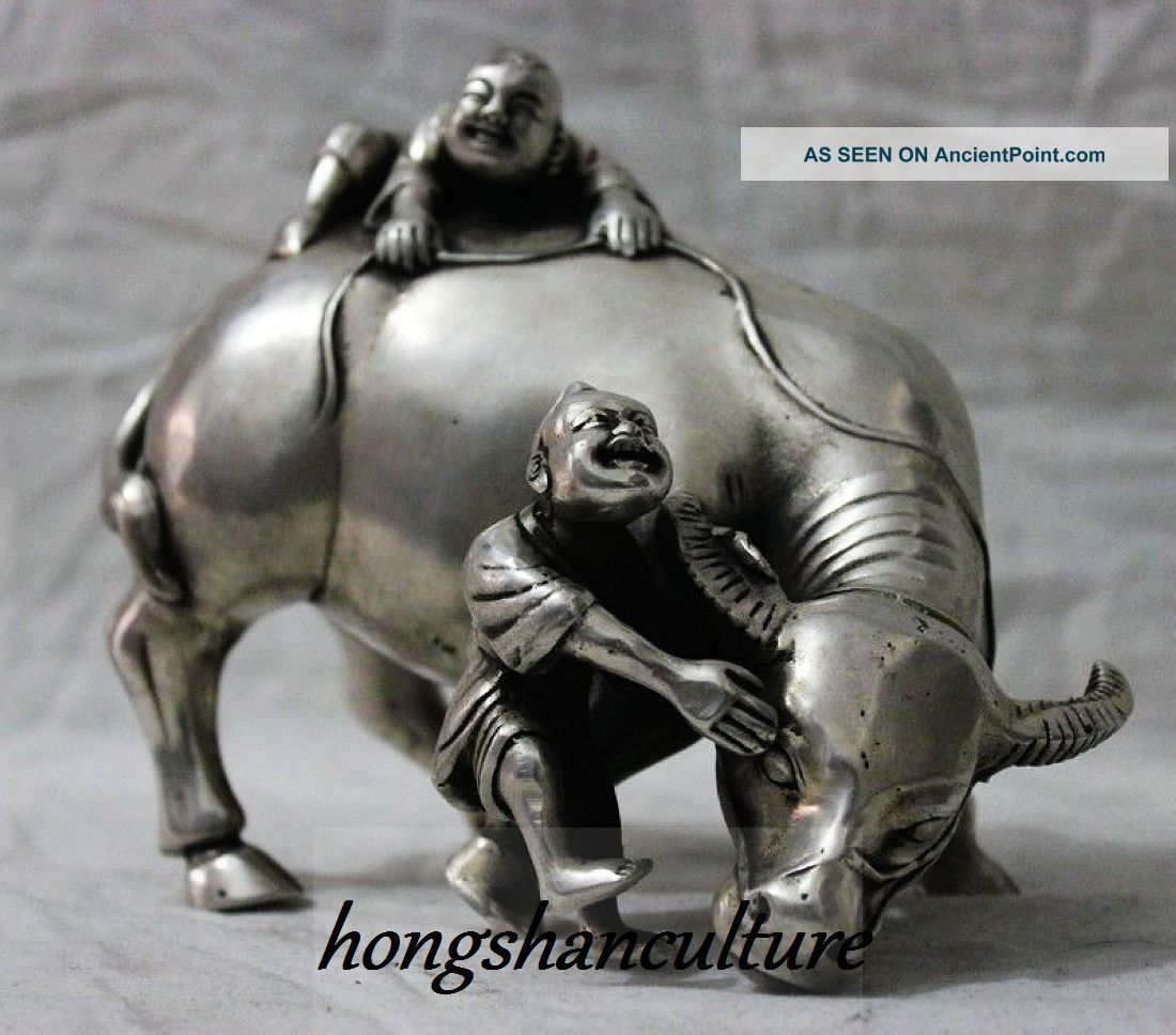 Chinese Folk Culture Handmade Silver Bronze Statue Bull Cowhand Boy Sculpture Other Antique Chinese Statues photo