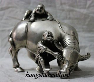 Chinese Folk Culture Handmade Silver Bronze Statue Bull Cowhand Boy Sculpture photo