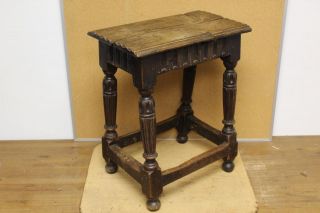 Very Rare 17th C Pilgrim Joint Stool In Oak Carved Aprons And Legs photo