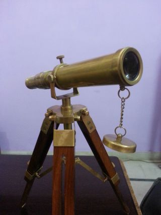 Antique Brass Telescope With Wooden Tripod Stand Nautical Collectible Desk Decor photo