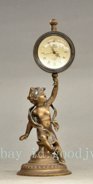 Collectible Decorated Old Handwork Copper Carved Boy Hold Mechanical Table Clock photo