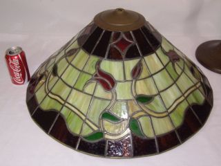 Large Art Crafts Mission Stained Lead Glass Slag Lamp Shade Only Vtg Antique photo