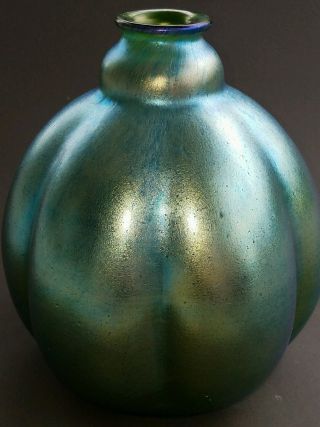 Stunning Antique Loetz Goldiris Iridescent Melon Form Art Glass Vase 9 - 1/4 
