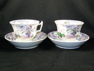 C1850 English Polychrome Decorated Transferware Cups & Saucers Flower Urn Patt. photo