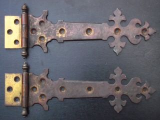 Victorian Ornate Brass Hinges Old Reclaimed Door Edwardian Antique Gothic Oak photo