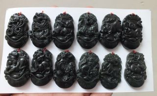 3.  5cm / 12pc Chinese Black Jade Carving Dragon Chinese Zodiac Pendant Necklace photo
