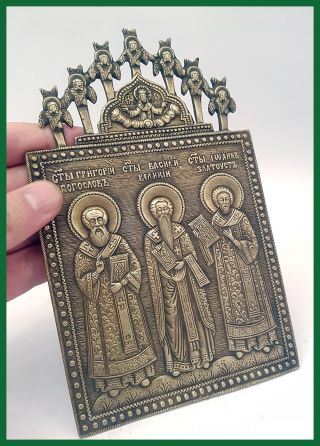 Russia Orthodox Bronze Icon Three Saints Prelates.  With 7 Cherubs.  19th.  Century photo