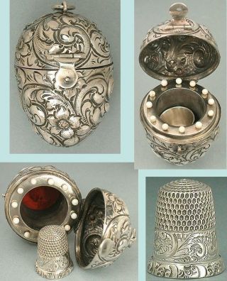 Rare Antique Sterling Silver Egg Etui & Thimble Circa 1900 photo