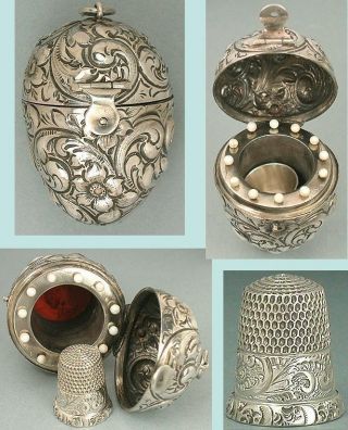 Rare Antique Sterling Silver Egg Etui & Thimble Circa 1900 photo