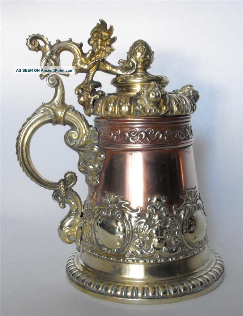 18th Century Gilt Brass Tankard With Dragon And Grotesque Dolphin Handle Cherub Metalware photo