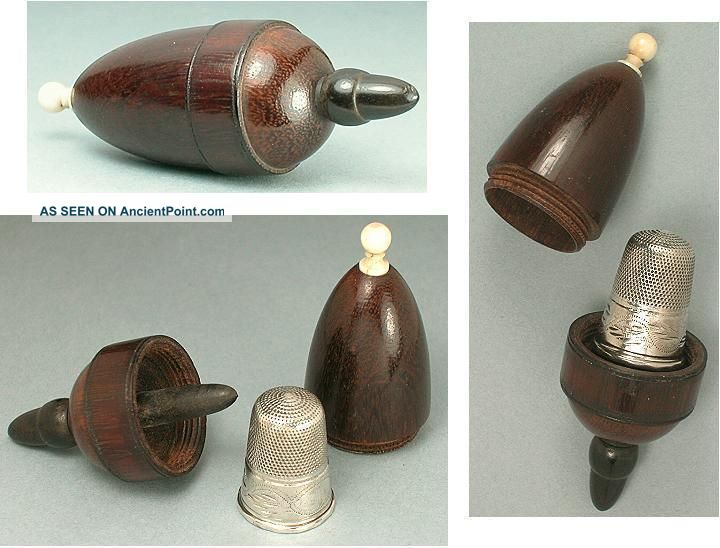 Antique Wood & Bone Thimble Case / Needle Case & Sterling Silver Thimble C1850 Needles & Cases photo