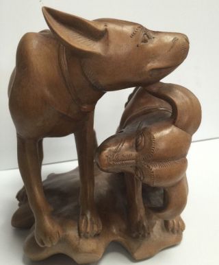 Old Carved Wood Black Forest Two German Shepherd ? Dogs Figurine photo