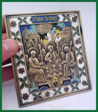 Russia Orthodox Bronze Icon The Old Testament Trinity.  Enameled 19th.  Cen photo