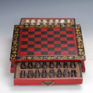 Chinese Antique Handwork Terracotta Warrior Motif Chess & Wooden Checkerboard photo
