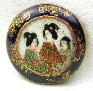 Antique Meiji Satsuma Button 2 Geisha & Child Floral Cobalt Border Bk Marked 1 