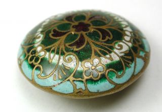 Antique Champleve Enamel Dome Button Colorful Red Aqua & Green 1 Inch photo