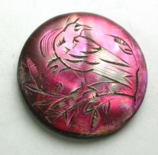 Vintage Carved Iridescent Pink Shell Button Bird On Tree Branch Lovely 11/16 